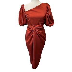 Asos Design Asymmetric Puff Sleeve Knot Tuck Midi Dress Sz 6 Sheath Terracotta